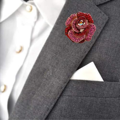 Tazweeq Brooch Pin Women's Rhinestones Breastpin for Wedding/Banquet/Bouquet, Red Rose Rhinestone Brooch, Flower Series Corsage Jewelry