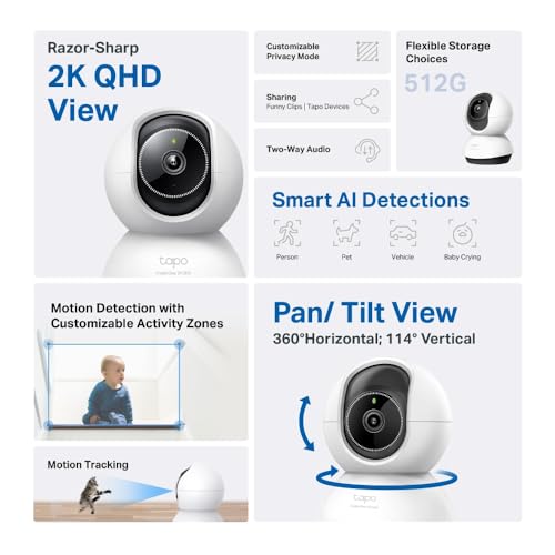 TP-Link Tapo Pan/Tilt 2K 4MP cctv Camera With 360°Rotational View| AI, Human, Pet, Vehicle, Baby Crying Detection |Night Vision| 2-Way Audio| Safe Storage|Control via Google Assistant & Alexa (TC72)