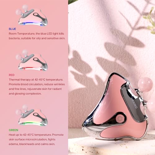 VRAIKO GemGlow Jade Roller and Gua Sha Device, 4-in-1 Gua Sha Face Tools, Face Massager with Red Light Therapy and Heat, Muscle Relaxation, Relieves Fine Lines and Wrinkles (Rose Quartz)