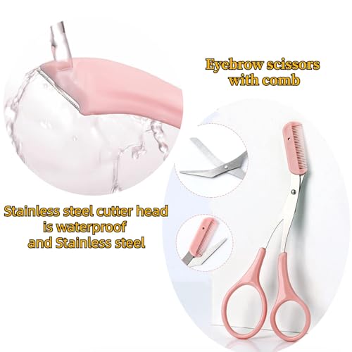 Paporich Eyebrow Trimmer Set Stainless Steel,Eyebrow Razor Eyebrow Scissors with Comb Beauty Tools, for Beginner Make Up Tool Hair Removal Accessories, for Men and Women (Pink, Pack of 3)