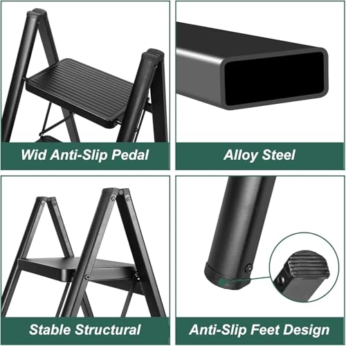 MOMENT 4 Step Ladder Folding, Sturdy 150kg Small Step Stool for Adults, Safer Full Steel Multi-use Kitchen Ladder for Home, Closet Step Stool Ladder with Anti-Slip Wide Pedals, Black