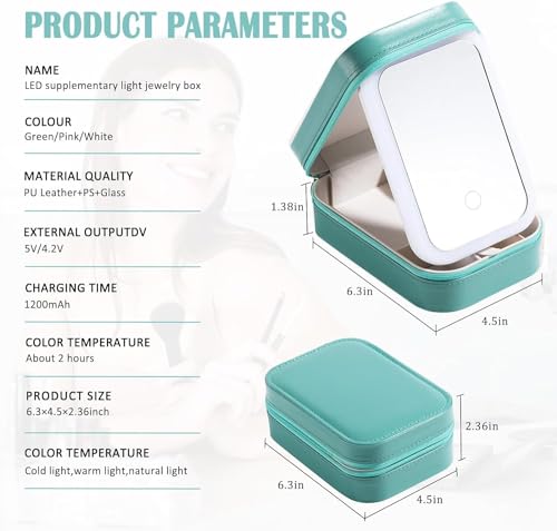 Tufexigo Travel Makeup Case with LED Mirror, Makeup Bag with Lighted Mirror, Cosmetic Train Storage Box, Portable Organizer Vanity Case for Women Beauty Tools Accessories Rechargeable (Green)