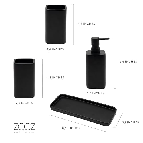 ZCCZ Matte Black Bathroom Accessory Sets, 4 Pieces Bathroom Accessories Complete Set Vanity Countertop Accessory Set, Includes Lotion Dispenser Soap Pump, Tumbler, Toothbrush Holder and Tray