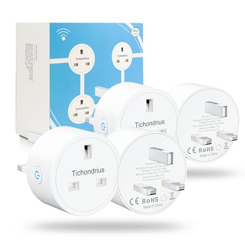 Tichondrius WiFi Smart Plug, 4 Pack 16A Smart Outlet Plug Socket Compatible with Alexa, Mini Socket with Remote Control & Voice Control with Electricity Statistics Timer Function, No Hub Required