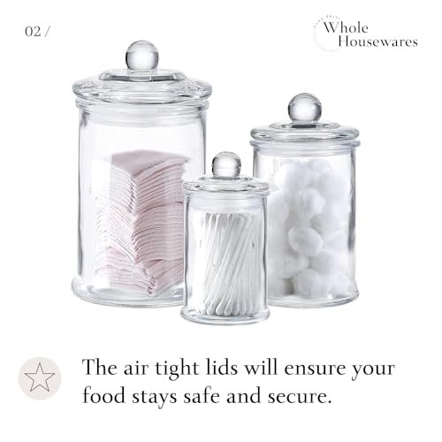 Whole Housewares | Set of 3 Bathroom Canisters - Storage Container Jars - Premium Glass Apothecary Jars with Lids - Small Glass Jars for Kitchen or Bathroom Storage - Decorative Crystal Containers