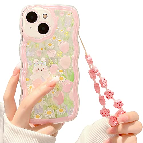 NITITOP Compatible for iPhone 13 Case, Cute Clear Cartoon Floral Rabbit with Heart Beaded Lanyard Wrist Strap for Women Girly, Soft TPU Full Protective Cover- Flower Rabbit