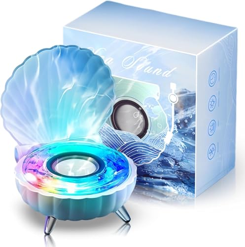 Bewinner Mini Bluetooth Speaker with Unique Seashell Shape Design, Cute Stereo Speaker with Ambient Night Light for Kids' Bedroom Table Decoration (Blue)