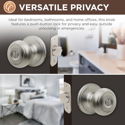 Copper Creek Satin Stainless Door Knobs - Round Colonial Knob with Privacy Locking Function for Home Improvement, 1 Pack - Fits All Standard Doors - Locking Door Knob for Bedroom and Bathroom Use