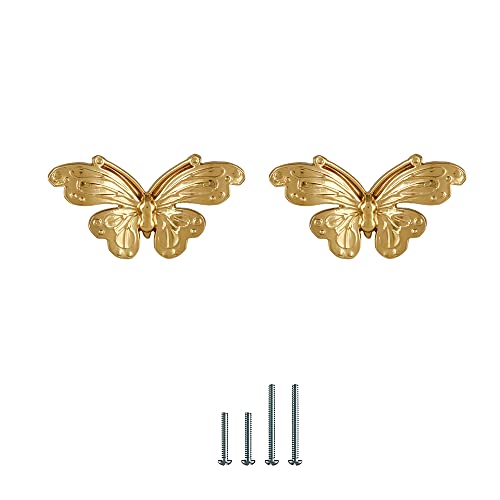 UniDes 2 Pack Gold Cabinet Knobs,Brass Hardware for Dresser Drawer,Butterfly Designed Knobs and Pulls
