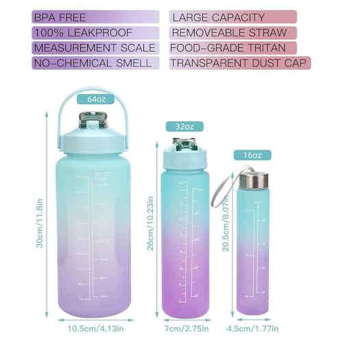 3 Pack Sports Water Bottle With Straw - 2L+900ml+500ml Measured Plastic Drinking BPA Free Non-Toxic Sports Drinks Time Markings Motivational Fitness (Green)