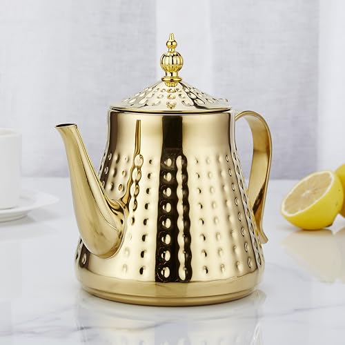SANQIAHOME 1.2L(40oz) Stainless Steel Hammer Patterned Teapot With Removeable Infuser,Loose leaf cover,Gold