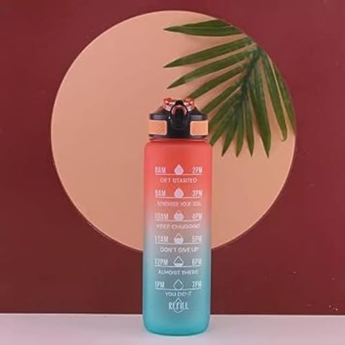 LUKSYOL Sport Water Bottle 1L with Motivational Time Marker, Straw, and Leak Proof Design - BPA-Free Tritan Plastic - Ideal for Kids, Fitness, Gym, Office, School Sports. (Pink & Blue)