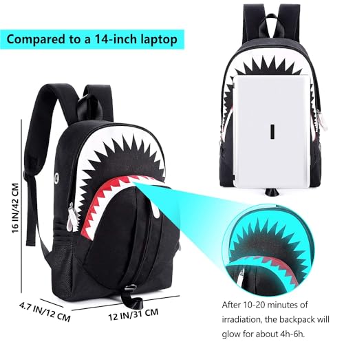 WVHTHVW Shark School Bag for Boys 12-14, Black Laptop Backpack for Boy, Noctilucent Cool Back Bag for Kids Back to School Travel (Black)
