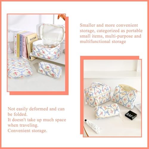Quilted Cotton Makeup Pouch, Coquette Quilted Toiletry Bag for Women and Girls, Floral Coquette Organizer Bag, Aesthetic Travel Cosmetic Bags (White Shells Drawstring)