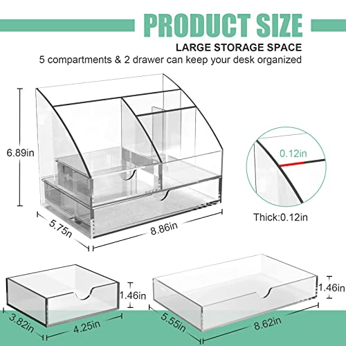 Banshou Upgraded Desk Organizer Office Accessories, Acrylic-Functional Desk Organizer with 5 Compartments and 2 Drawer for Home, Office, School, Workshop, kitchen (Clear)