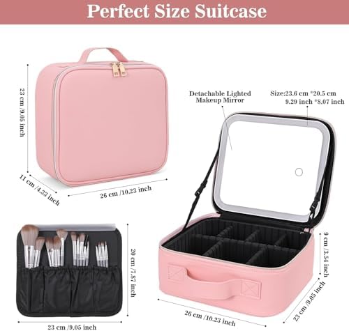 MOMENT Makeup bag with LED mirror, Travel Makeup Bag 3 Adjustable Brightness LED makeup bag with mirror and Dividers suitable for your Jewelry, Essential oil,Toiletries storage and makeup daily Pink