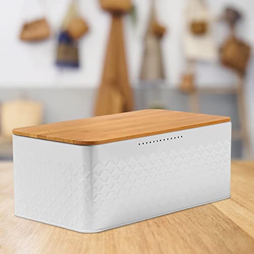 White Bread Box For Kitchen Countertop - Bread Box With Bamboo Wood Cutting Board Lid - Farmhouse White Bread Boxes - Metal Large Bread Box Modern Style To Extend Freshness - Bread Storage Container