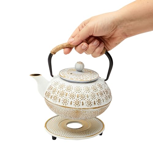 Juvale White Cast Iron Japanese Teapot with Handle, Infuser, and Trivet (800 ml, 27 oz)