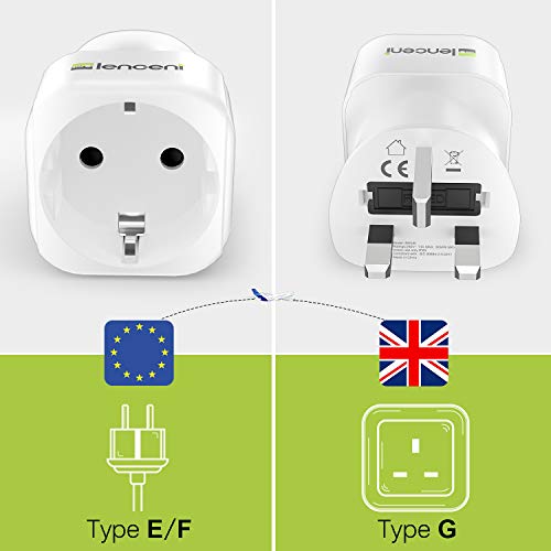 LENCENT 2Pcs EU to UK Plug Adapter, Europe Schuko 2 Pin to 3 Pin UK Travel Adaptor, European Euro to British Adapter- White