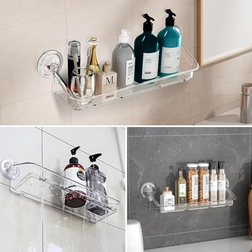 KASTWAVE Shower Caddy Suction Cup, No Drilling Hang Walls, Adhesive Clear Acrylic Shelf, for Bathroom, Pantry, Kitchen, Utility Room (Shower Caddy Suction Cup)