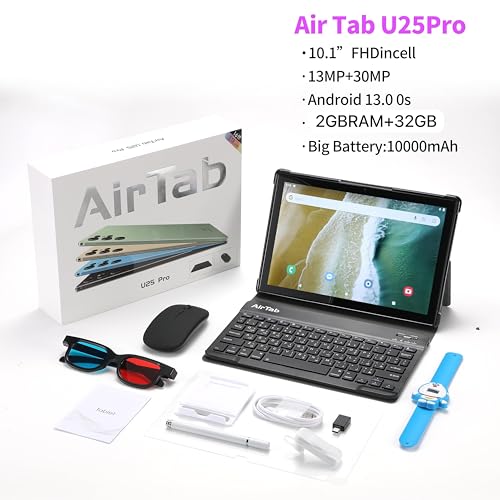 Air Tab U25Pro Android Tablet, 10.1-inch FHD, 2GB RAM, 32GB ROM, 10000mAh Battery, Keyboard Included