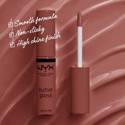 NYX PROFESSIONAL MAKEUP Butter Gloss, Non-Sticky Lip Gloss, Buttery Soft, Silky Smooth and Creamy, Sheer to Medium Coverage - Shade: Praline (Deep Nude)