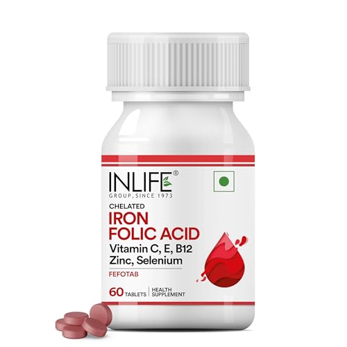 INLIFE Chelated Iron Folic Acid Supplement with Vitamin C, E, B12, Zinc & Selenium for Men Women - 60 Tablets (Pack of 1)
