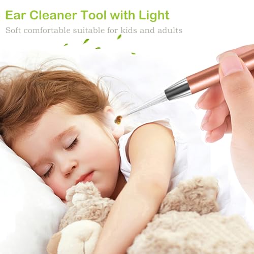 4 Pack Ear Pick with Light, Ear Cleaner Ear Wax Removal Tool Kit for Kids and Adults, Ear Picks Digger & Tweezers & Spiral Spring Ear Spoon Set with Storage Box (Rose Gold)