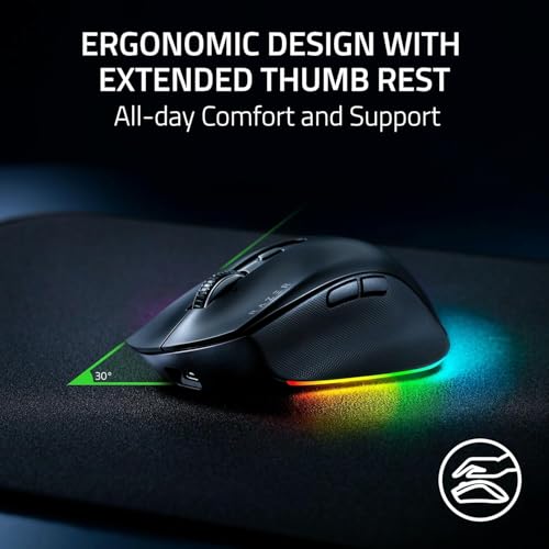 Razer Pro Click V2 Right-Handed Ergonomic Wireless RGB Mouse: HyperSpeed Wireless (2.4 GHz), Bluetooth â€“ up to 3 hosts, USB-C wired, Up to 3.5 months Battery Life, 9 Programmable Buttons - Black