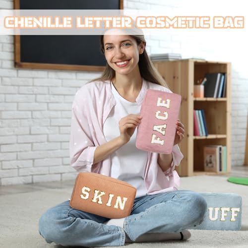Pinkunn 4 Pcs Preppy Makeup Bags Christmas Chenille Letter Bag Face Skin Hair Stuff Cosmetic Bag Corduroy Makeup Pouch with Zipper Birthday Gifts for Women(Purple, Pink, White, Blue,Corduroy)