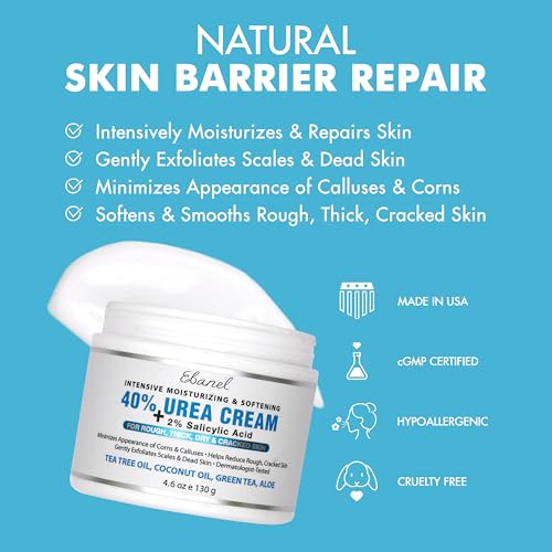 Ebanel Urea Cream 40% plus Salicylic Acid 2%, Foot Cream for Dry Cracked Feet Heels Knees Elbows Hands Repair Treatment, Foot Moisturizer Corn Callus Dead Skin Remover Toenail Softener for Feet Care