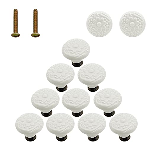 Unlorspy 12 Pcs Ceramic Knobs, 34mm/1.33 Inch Diameter Floral Ceramic Cabinet Knobs Decorative Knobs Round Dresser Knobs Drawer Pulls Handles Single Knobs with Screws for Furniture Cabinet (White)