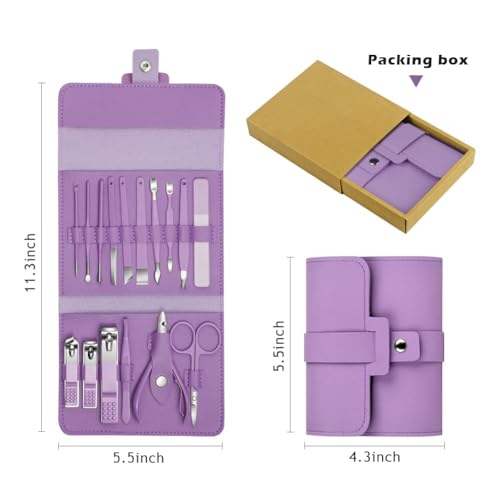 NALACAL 16-Piece Premium Travel Manicure Set - Stainless Steel Nail Clippers, Tweezers, Scissors, Cuticle Nipper & Pedicure Tools with Stylish Purple PU Leather Case - Portable Nail Care Kit