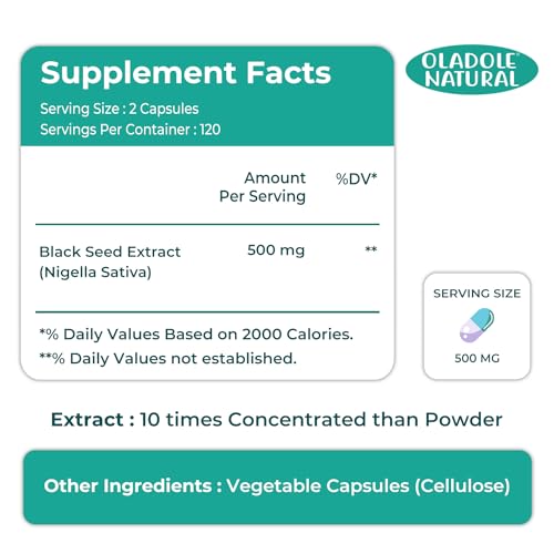 Oladole Natural Black Seed- 500 mg 120 (Capsules) | Cold-Pressed Nigella Sativa Extract For Immune Boost, Digestive Health, Heart & Brain Health, Improve Joint Comfort & Mobility| Non- GMO,Gluten Free