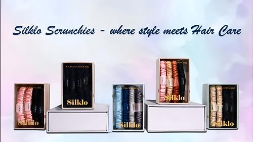 Silklo Silk Scrunchies, 100% Pure Mulberry Hair Ties 22 Momme Anti Hair Loss No Breakage Anti Crease Anti Frizz Hair Accessories Black Elastic Hair Band for Women Girls Hair Care 4Pcs (Moonlight)