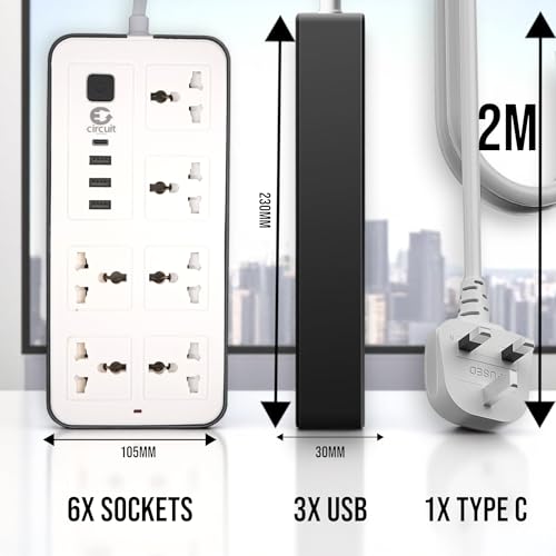 CIRCUIT GREEN Universal Extension Lead/Cord with Multiple Functions, UK 3-Pin Plug Socket with 6 Outlets | 3 USB Ports | 1 Type-C Cable Port, 2M Power Strip for Home, Kitchen, and Office (White)