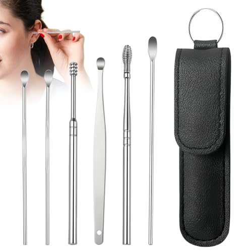 6 In 1 Ear Cleansing Tool Set, Ear Wax Removal Kit, Ear Pick, Stainless Steel, Spiral Design, Reusable with Storage Box, Safely, Gently, Ear Cleaner for Kids and Adults, Ear Wax Buildup (Black)