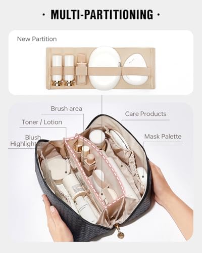 EACHY Travel Makeup Bag,Large Capacity Cosmetic Bags for Women,Waterproof Portable Pouch Open Flat Toiletry Bag Make up Organizer with Divider and Handle