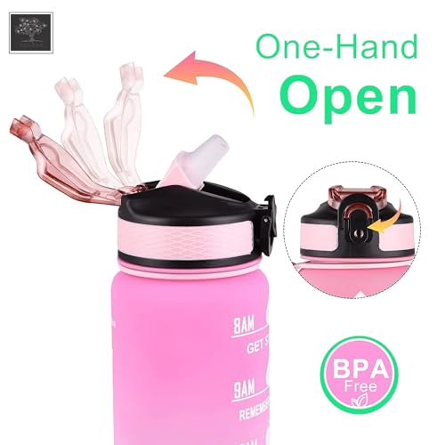 Sulfar Water Bottle 1L / 32oz with Motivational Time Marker Straw Strainer Plastic BPA Free Sport Water Bottles for kids Fitness Gym Office Outdoor Sports and Exercise| Leak Proof (Pink & Blue)