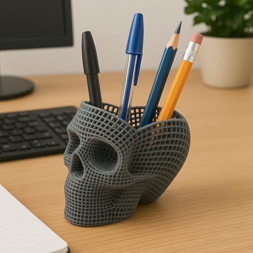 3Doz Skull Grid Pencil Holder, Desk Organiser, Pen Pencil Holder Caddy for Desk, 3D Printed with Nature Friendly Vegan Material, Grey