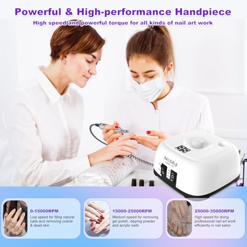 NAILGIRLS Electric Nail Drill, 11 in 1 Nail Drill Set Electric Nail Files Professional 35000RPM Acrylic Nails Gel Nails Manicure Pedicure Polishing Machine for Home and Salon Use with Foot Pedal,White
