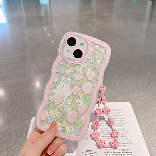 NITITOP Compatible for iPhone 13 Case, Cute Clear Cartoon Floral Rabbit with Heart Beaded Lanyard Wrist Strap for Women Girly, Soft TPU Full Protective Cover- Flower Rabbit