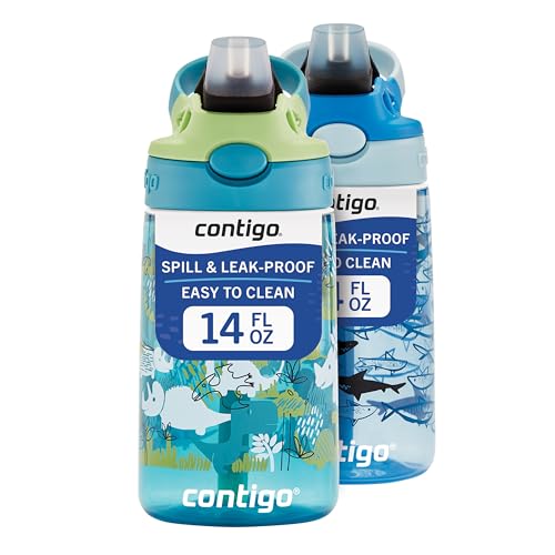 Contigo Kids Water Bottle with Redesigned AUTOSPOUT Straw, 14 oz., Dinos & Sharks, 2-Pack