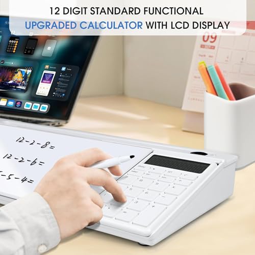 Angju Desktop Glass Whiteboard with Calculator, Organizer, Markers, Eraser, Holder - Small Dry Erase White Board Computer Pad Keyboard Stand for Home, School, Office Desk Cubicle Accessories