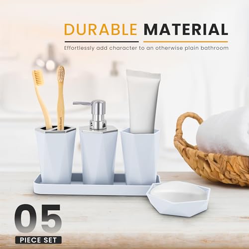 AC&L Bathroom Accessories Set, 5 Pcs Plastic Bathroom Counter Vanity Set, Liquid Soap Dispenser, Toothbrush Holder, Soap Dish, Q tips Tumbler, Vanity Tray, Modern Bathroom Decor Organizer (White)