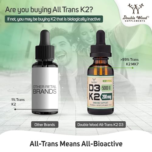 Vitamin D3 K2 5,000 IU Liquid Drops (5,000 IU of D3 and 200mcg of 99.9% All-Trans Patented K2 MK-7 (K2Vital)) Max Absorption Liquid Vitamin D Drops for Kids and Adults (30 Servings) by Double Wood