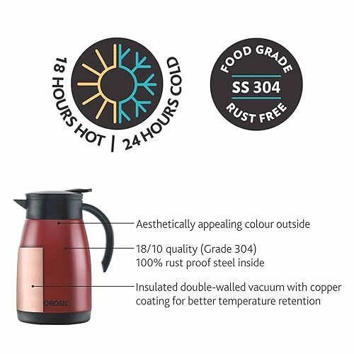 BOROSIL VACUUM INSULATED STAINLESS STEEL TEAPOT | TEA POT | THERMAL FLASK | THERMOS | CARAFE | JUG | COFFEE POT | FOR WATER, COFFEE, TEA | RED 1 LITER