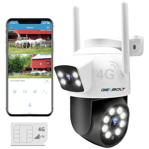 GENBOLT 3G/4G LTE Security Camera Outdoor No WiFi, Dual Lens Cellular CCTV Camera with Sim Card, PoE Surveillance Camera IP with Humanoid Tracking Cloud Storage