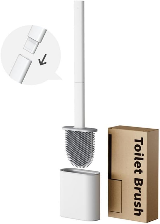 McMola Silicone Toilet Brush and Holder Set - No-Drill Wall Mounted or Freestanding Bathroom Scrubber, 360 Flexible TPR Bristles for Deep Under-Rim Cleaning, Quick-Drying & Anti-Drip (White)