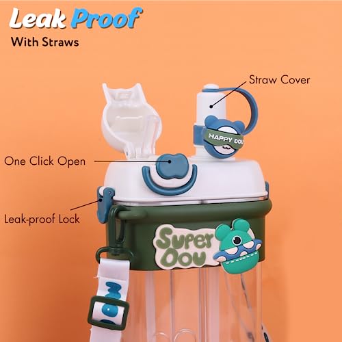 HiGropcore Kawaii Water Bottle with Straw, Double Chamber Cute Water Bottle with Adjustable Strap, Portable Leakproof Water Jug, 27oz b3. Blue